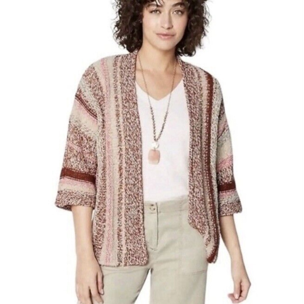 J. Jill striped crochet large‎ tall boho open front cardigan brown pink